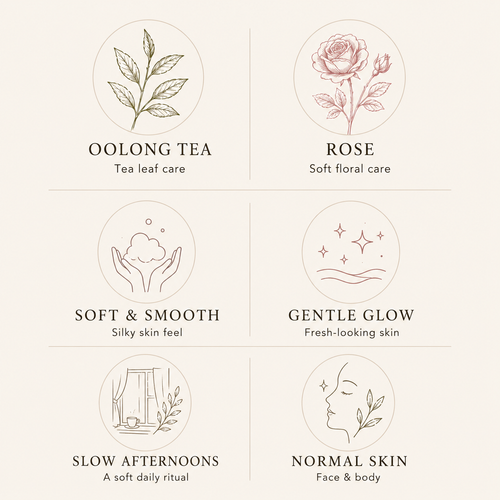 A beige graphic showing six minimalist skincare and tea care icons arranged in a 2x3 grid, with labels reading OOLONG TEA, ROSE, SOFT & SMOOTH, GENTLE GLOW, SLOW AFTERNOONS, and NORMAL SKIN.