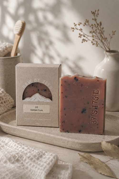 A bar of handmade soap in a dusty rose pink color with dark specks, standing next to its textured kraft paper packaging box on a beige stone tray. The background features a warm, neutral-toned bathroom or spa setting with a wooden toothbrush holder, a white ceramic vase with dried botanicals, and soft leaf shadows cast across the surface.