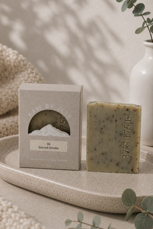 A bar of soap labeled 'Sacred Smoke' by RAW BY JESS, shown next to its textured kraft paper packaging box on a speckled ceramic tray. The scene is styled with a white vase, eucalyptus leaves, and soft natural shadows.