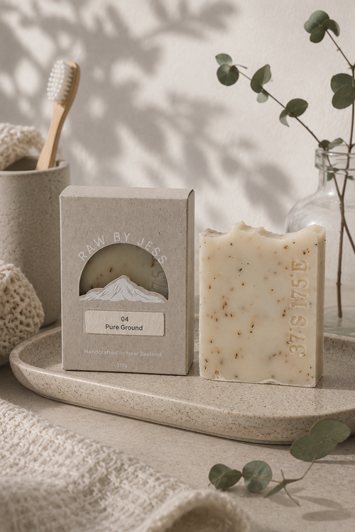 A bar of handmade soap labeled '04 Pure Ground' by Raw by Jess, displayed next to its kraft paper packaging box on a beige ceramic tray. The scene is styled with a wooden toothbrush in a cup, a glass bottle with eucalyptus branches, and a knitted textile, all under soft, dappled leaf shadows.